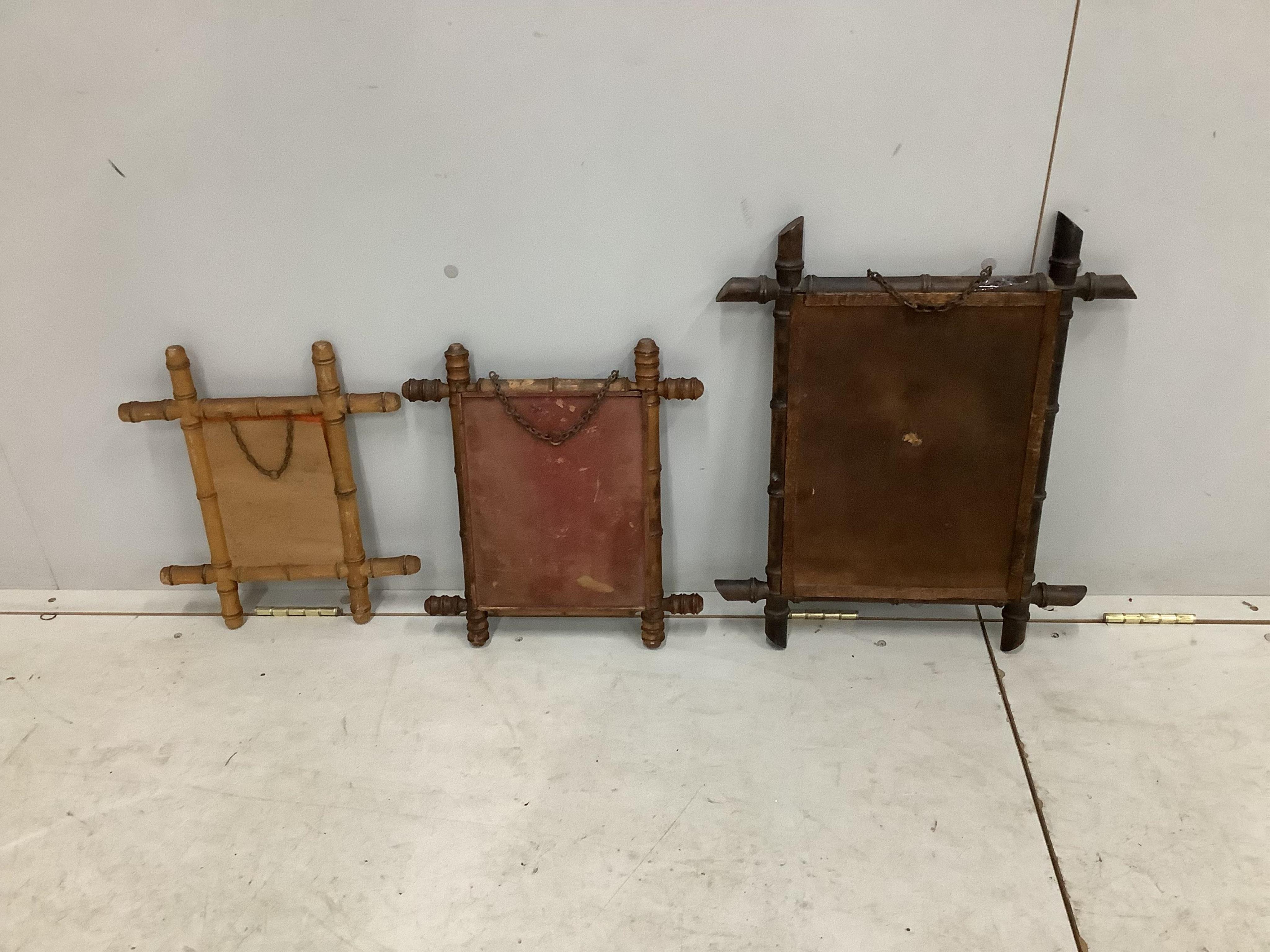 Three early 20th century French rectangular faux bamboo wall mirrors, largest width 42cm, height 53cm. Condition - fair